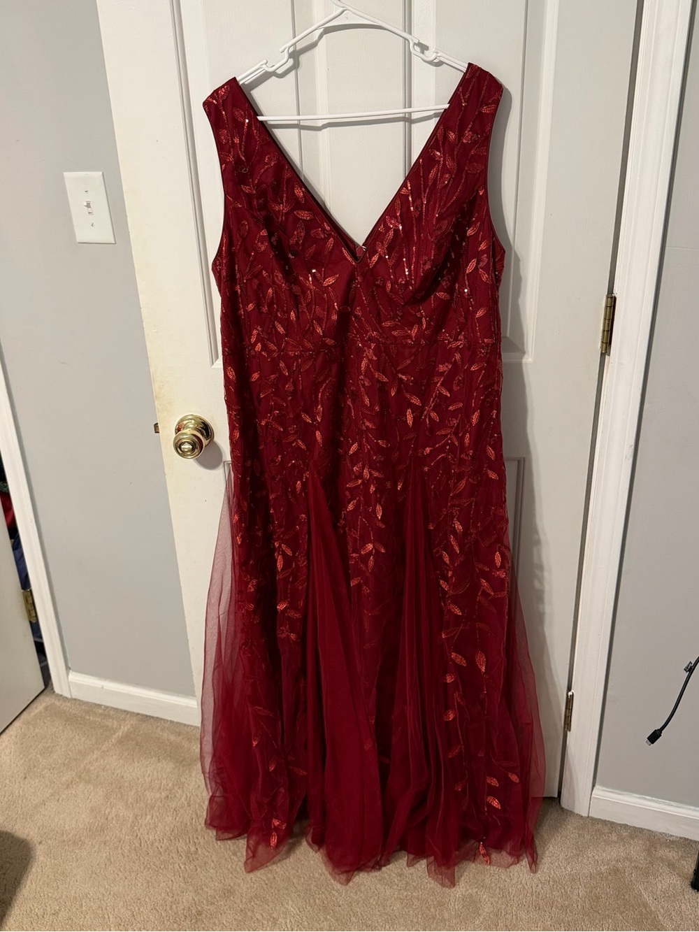 Ever Pretty Burgundy Red V-Neck Embroidered Prom Gown